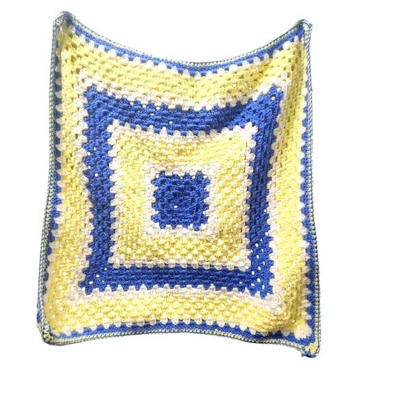 Handmade Small Blue Yellow Granny Square Crochet Baby Blanket Afghan Lap 27"X28" - Picture 1 of 3